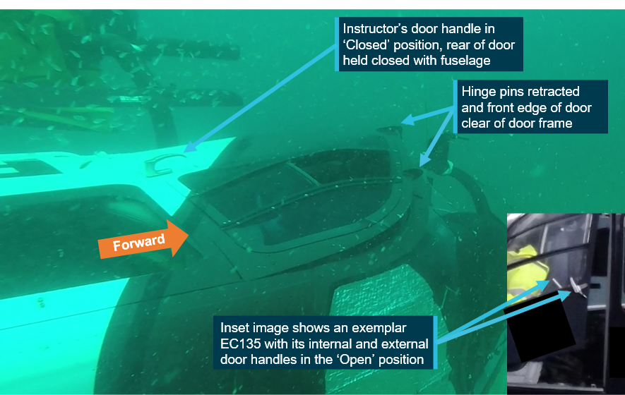 Figure&nbsp;15: Image of instructor’s cockpit door captured from police dive video, showing deployment of the door’s emergency jettison system and a partial door release
