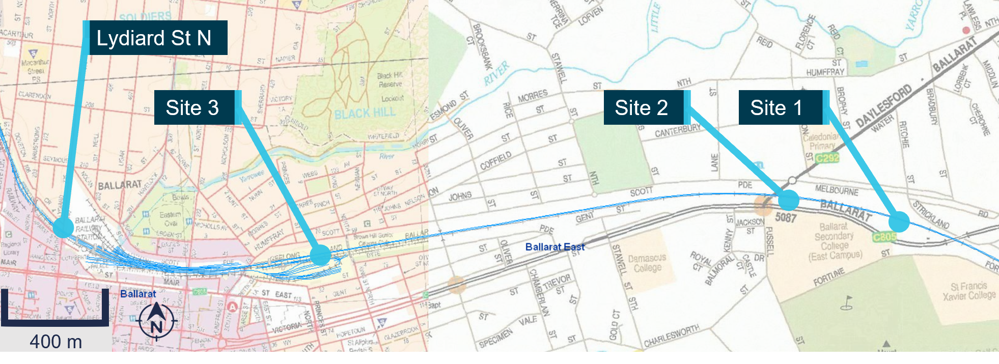 Figure 14: IRT measurement sites east of Ballarat Railway Station