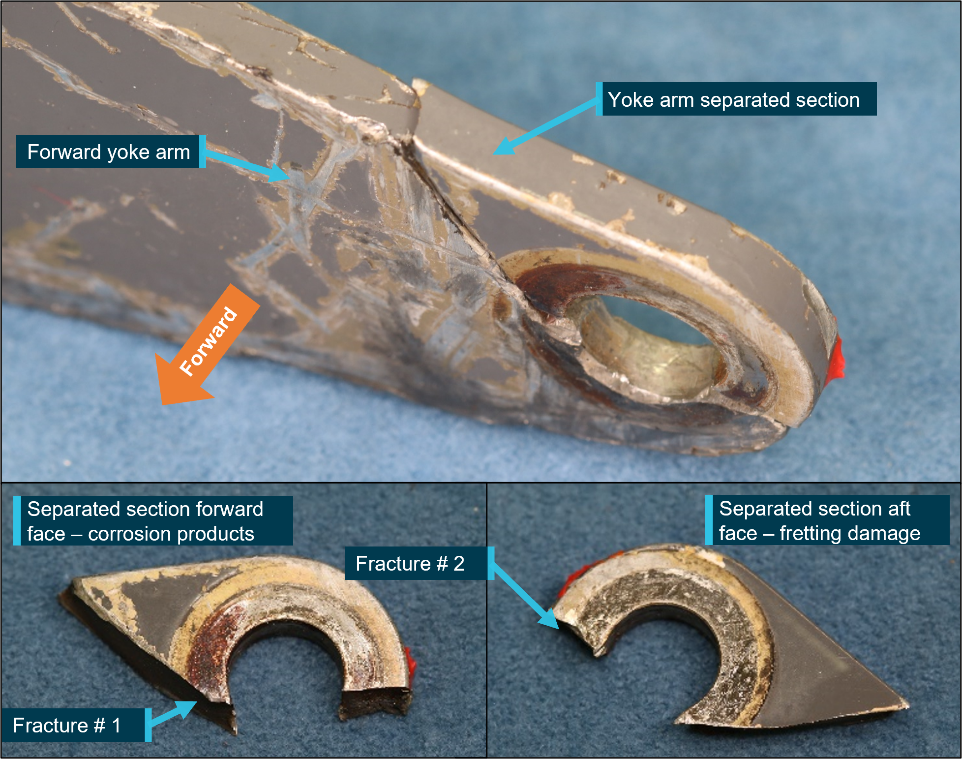 Fractured yoke arm and separated section front and rear surface condition