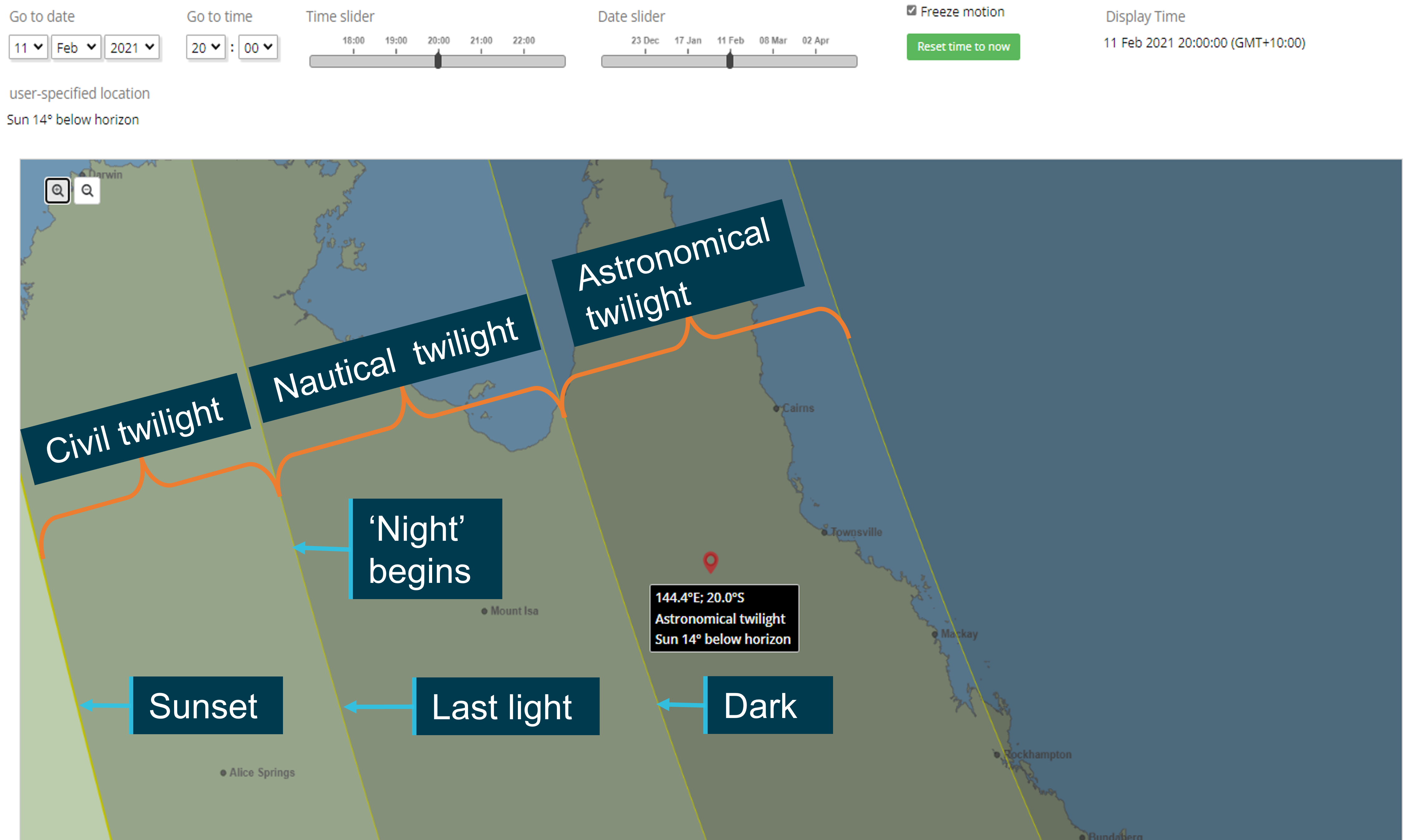 Figure 11: Regions of twilight relative to VH-HKC accident location at 2000 EST