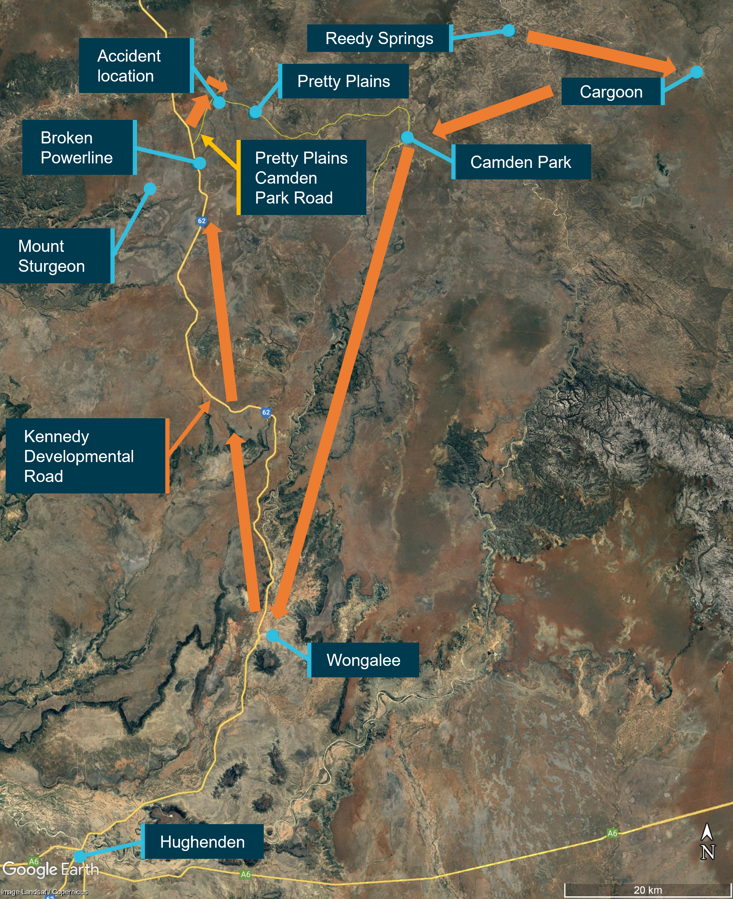Figure 2: VH-HKC accident flight - known locations and general direction of travel