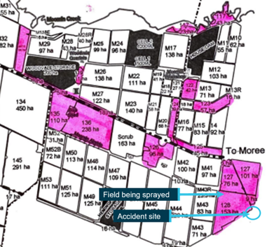 Figure 8: Work order map depicting areas to be sprayed and location of the accident site
