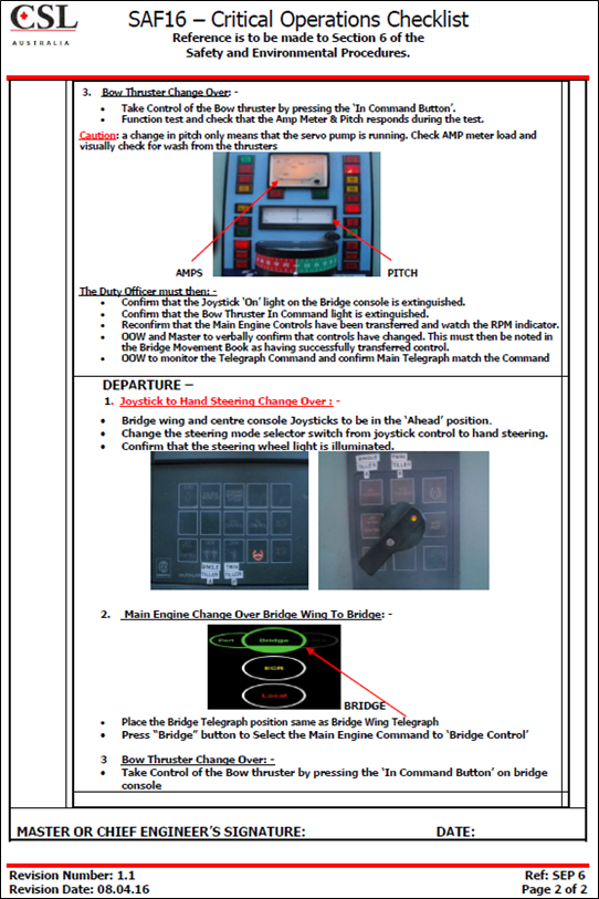 Critical operations checklist – Bridge controls changeover procedure