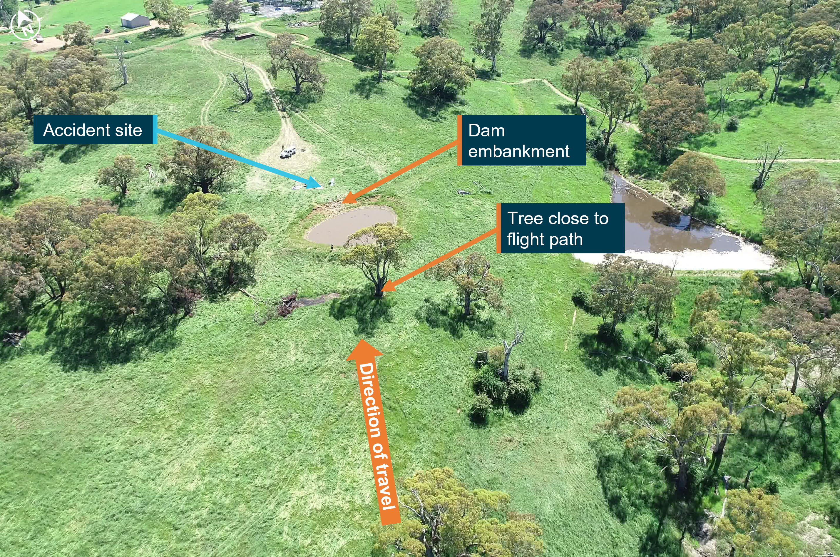 Figure 11: Image looking down on accident site and surrounding trees viewed from the direction of travel