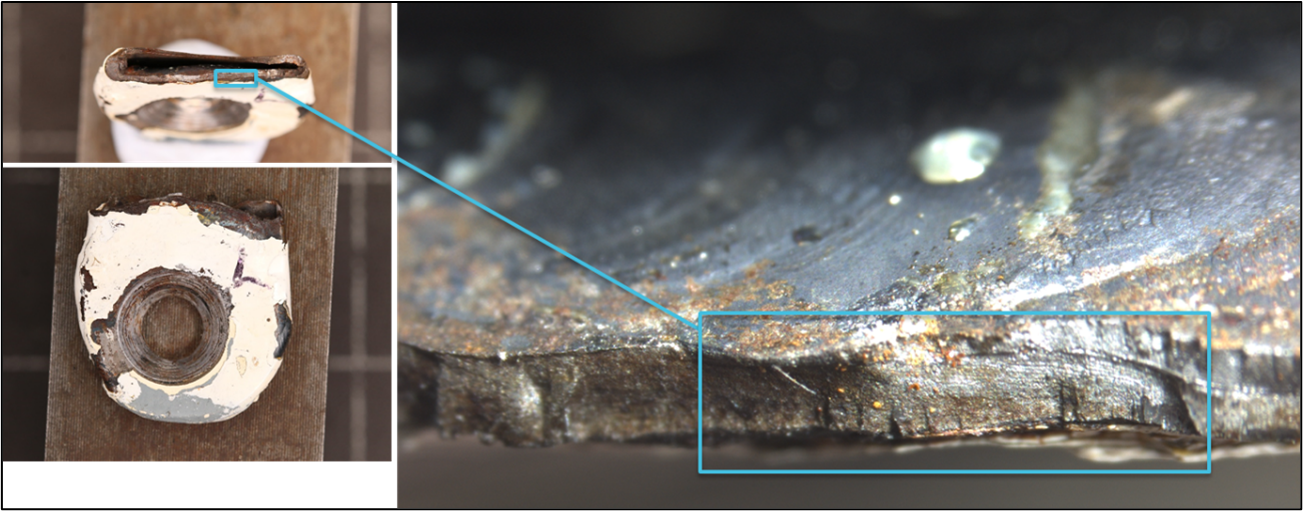 Figure A6: Optical examination of the roll brace from the left cabane strut showed indications of pre-existing fatigue in the welded region