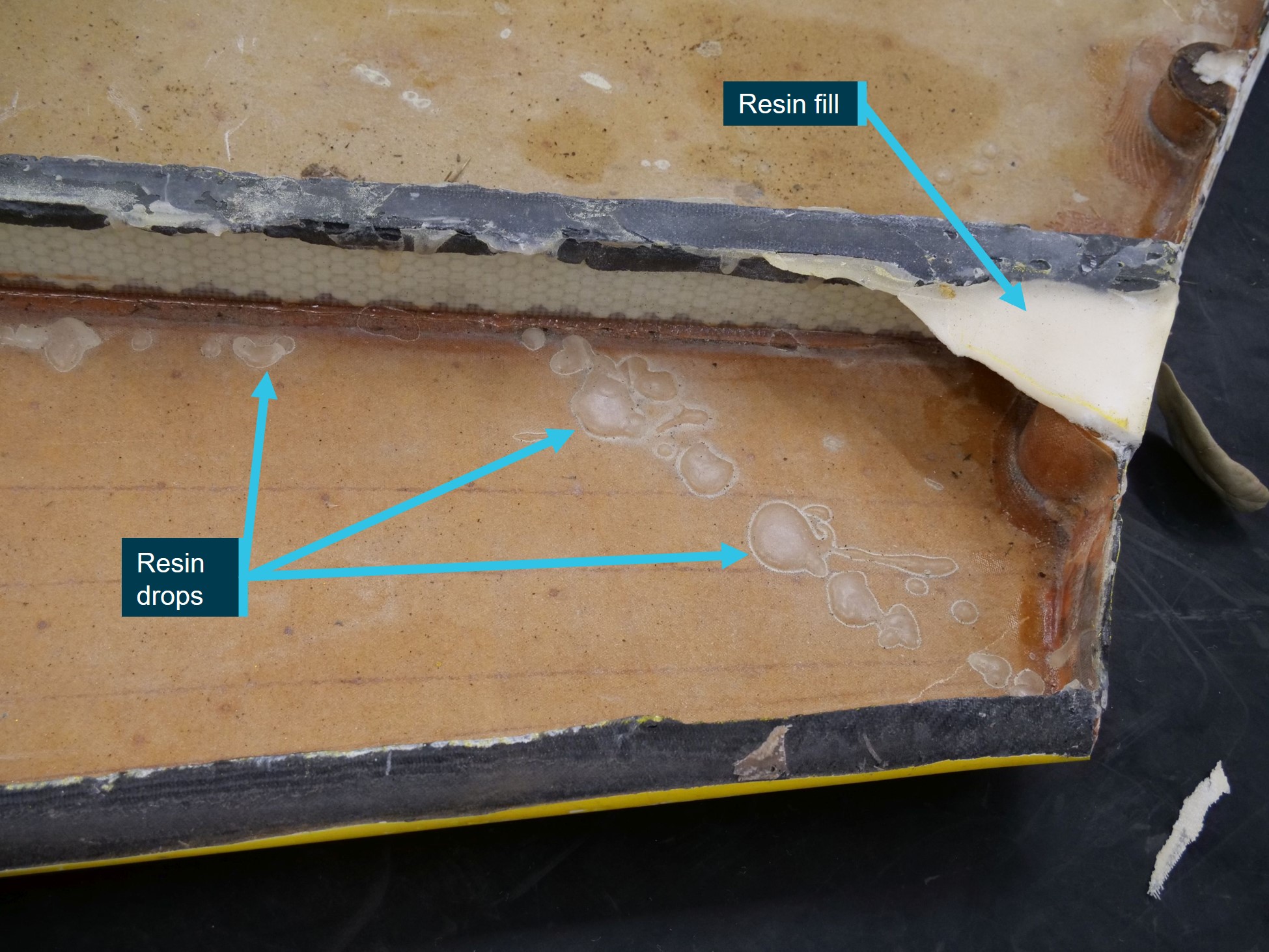 Figure&nbsp;9: Evidence of prior repair with large volume of disbonded resin.