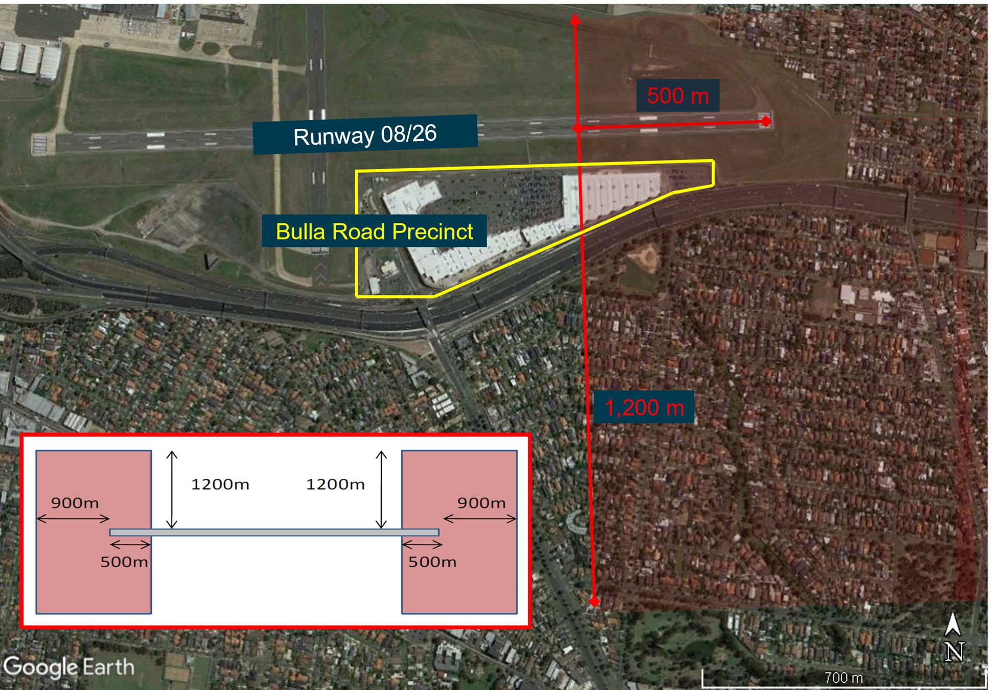 Figure&nbsp;20: Assessment trigger area (red shading) around runways (inset) and partially around runway 08/26 (main) for comparison