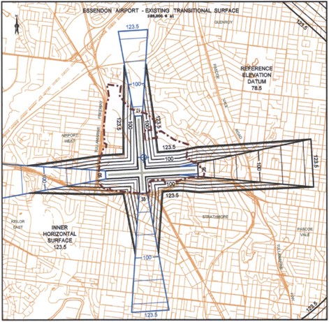 Figure&nbsp;25: Essendon Fields Airport OLS diagram with transitional surfaces, October 2003 (see also Figure&nbsp;10)