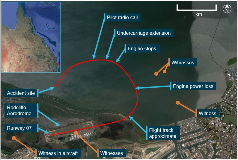 Figure&nbsp;1: Redcliffe aircraft landing area and VH-WMM approximate flight path and accident site