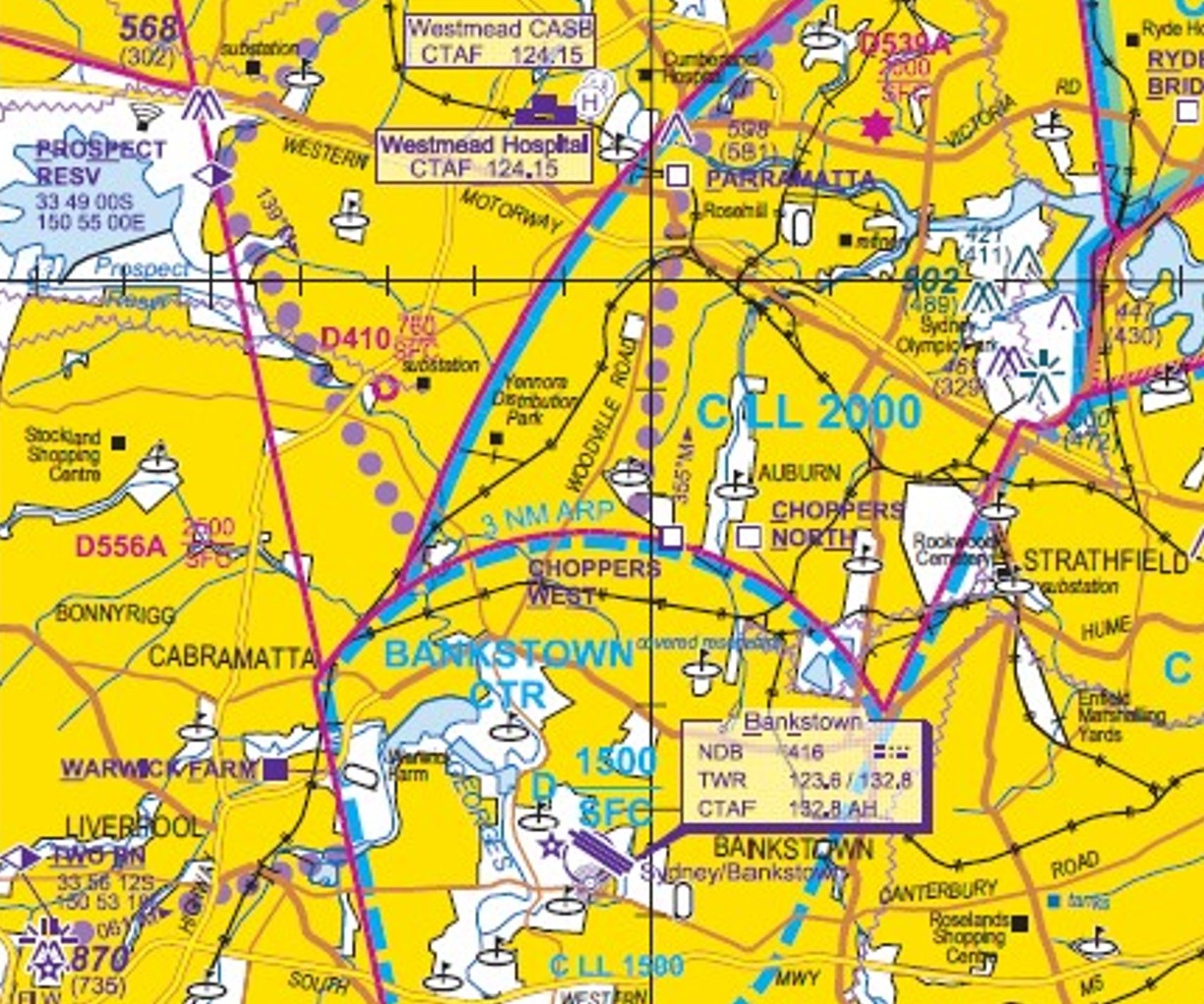 Figure&nbsp;1: Sydney VTC extract showing Prospect Reservoir in top left corner and Bankstown Aerodrome in lower middle of image. 