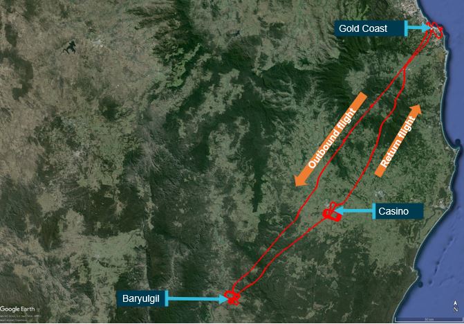 Figure&nbsp;1: VH-EWW track Gold Coast – Baryulgil – Casino – Gold Coast