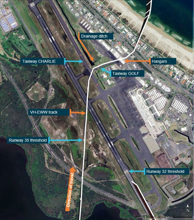 Figure&nbsp;4: Gold Coast Airport taxiways CHARLIE and GOLF, drainage ditch, hangars and VH-EWW track 
