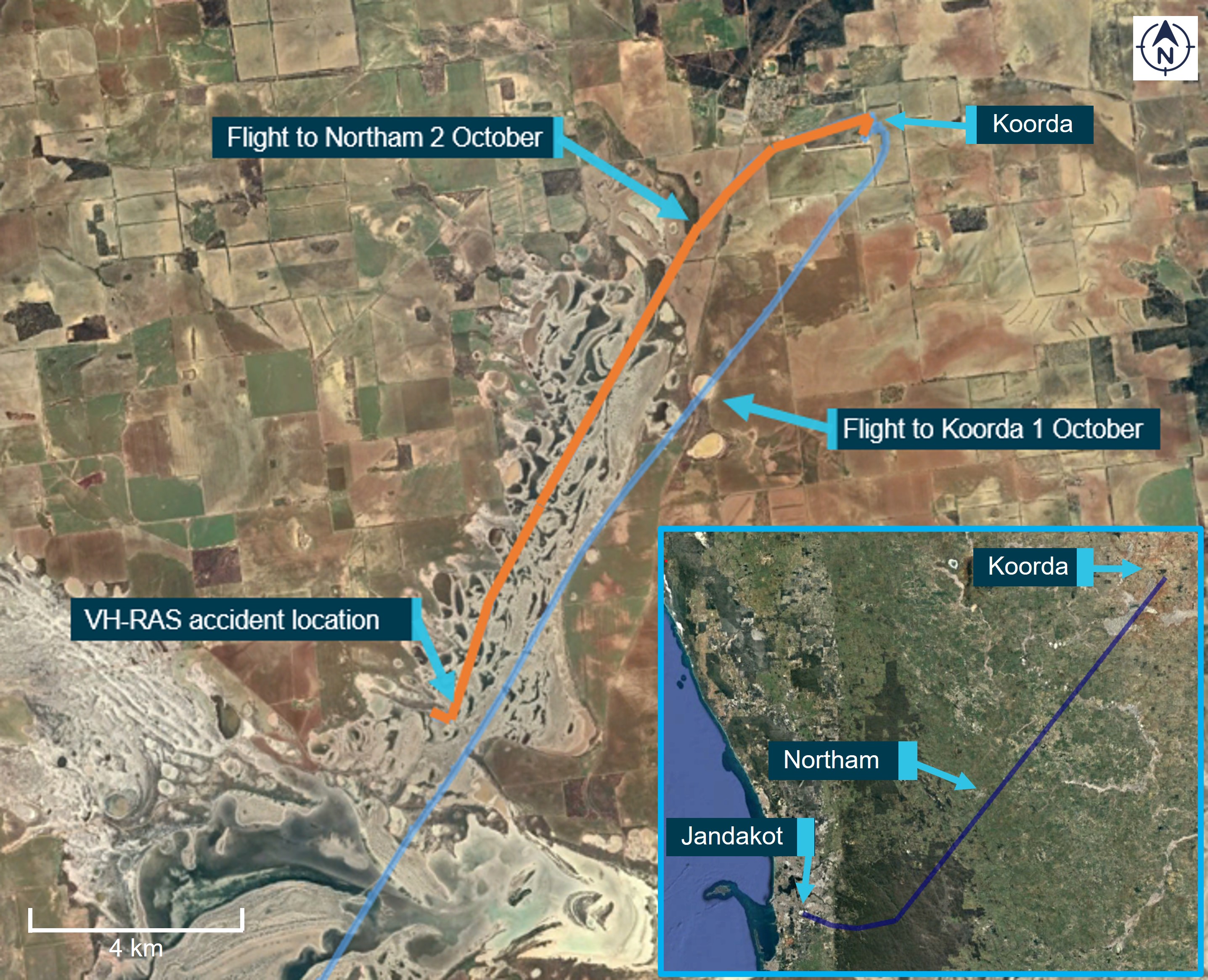 Figure&nbsp;1: Flight from Jandakot to Koorda and from Koorda on the morning of the accident
