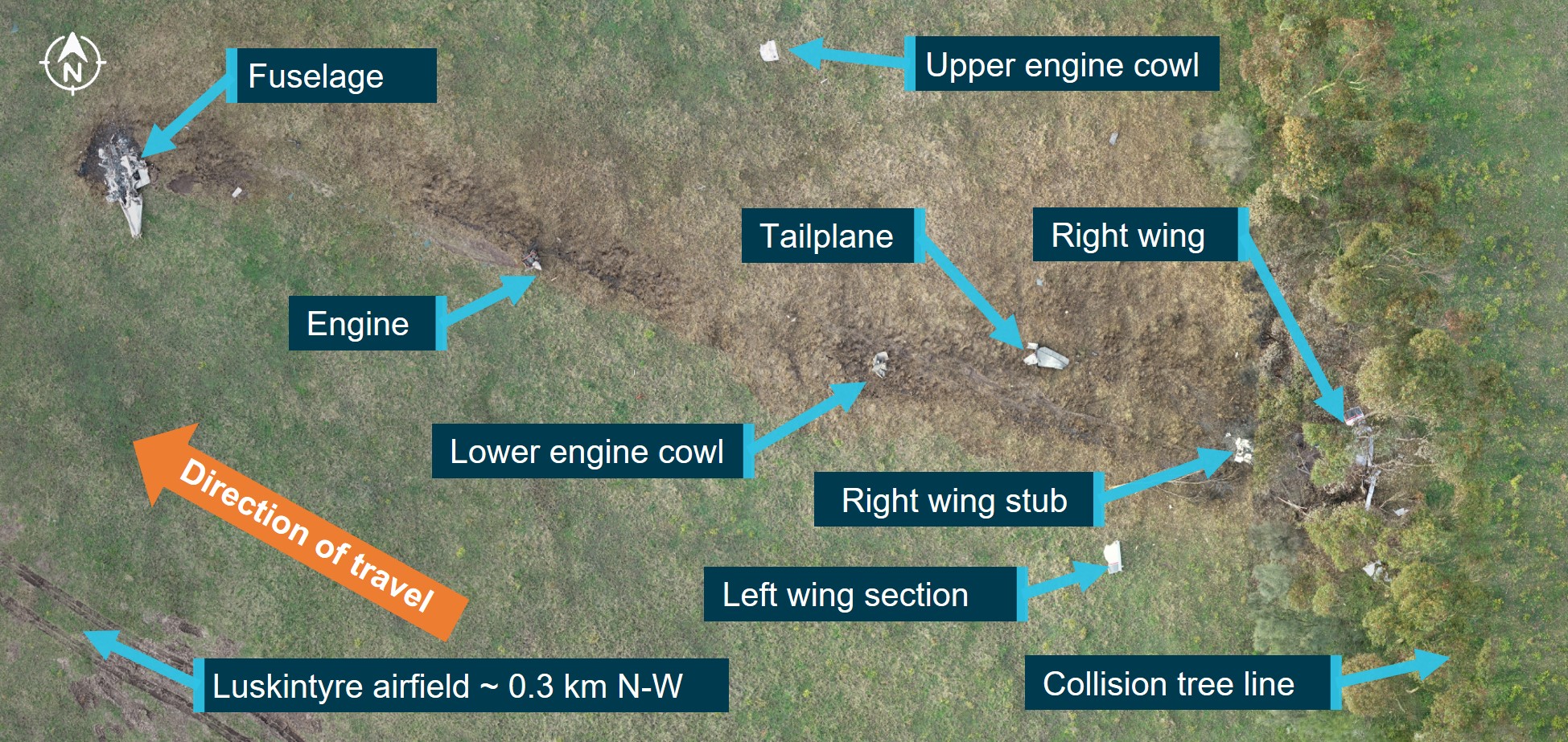 Figure&nbsp;4: VH-UDQ wreckage trail and location of major items