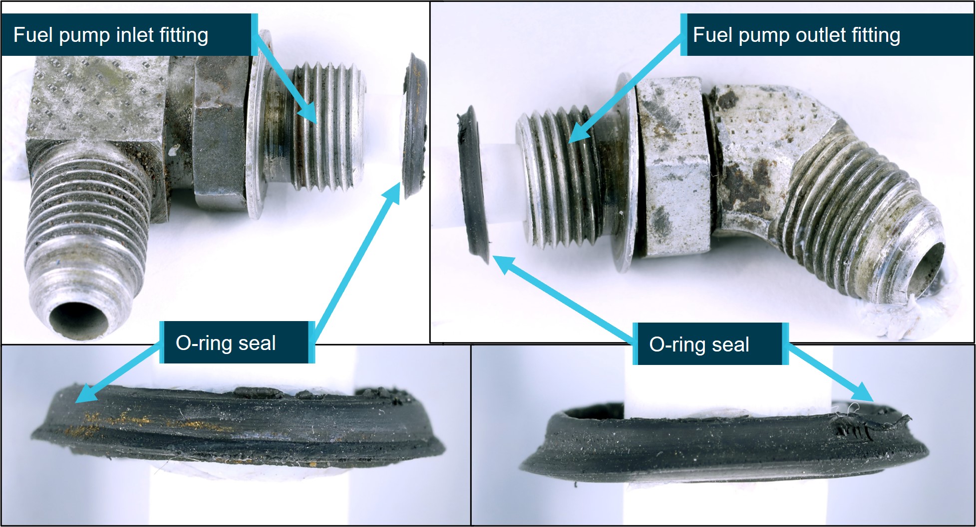 Figure&nbsp;6: Fuel pump fittings and O-ring seals showing loss of natural shape and surface defects