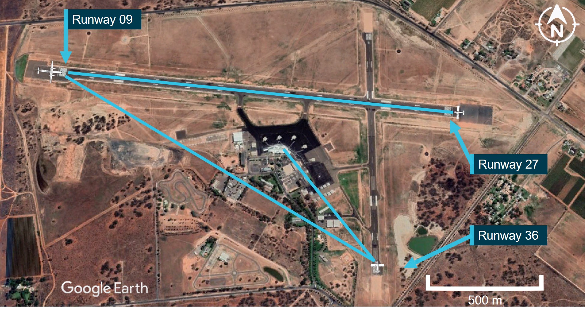 Figure&nbsp;5: Visual line of sight from runway 36/09/27