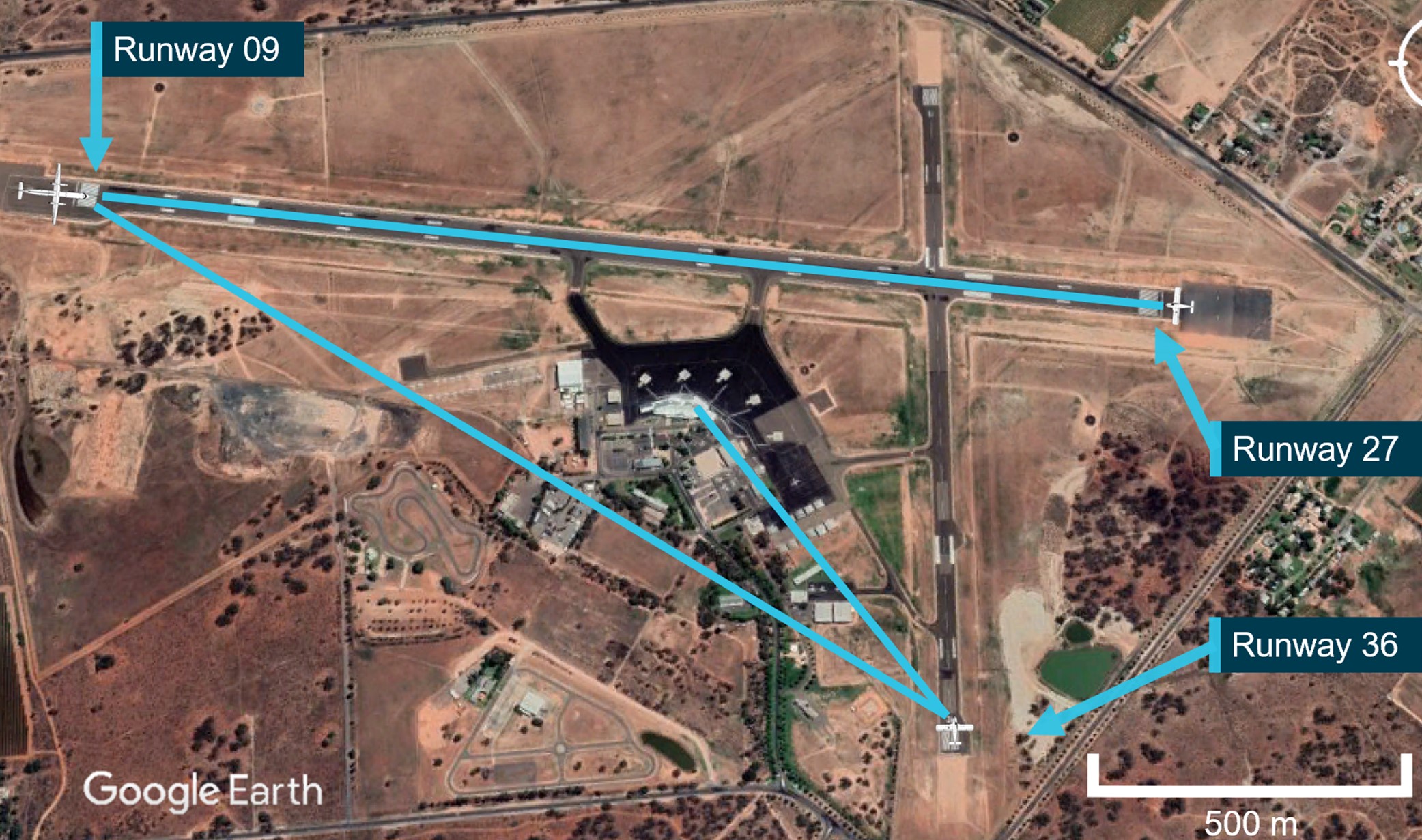 Visual line of sight from runway 36/09/27
