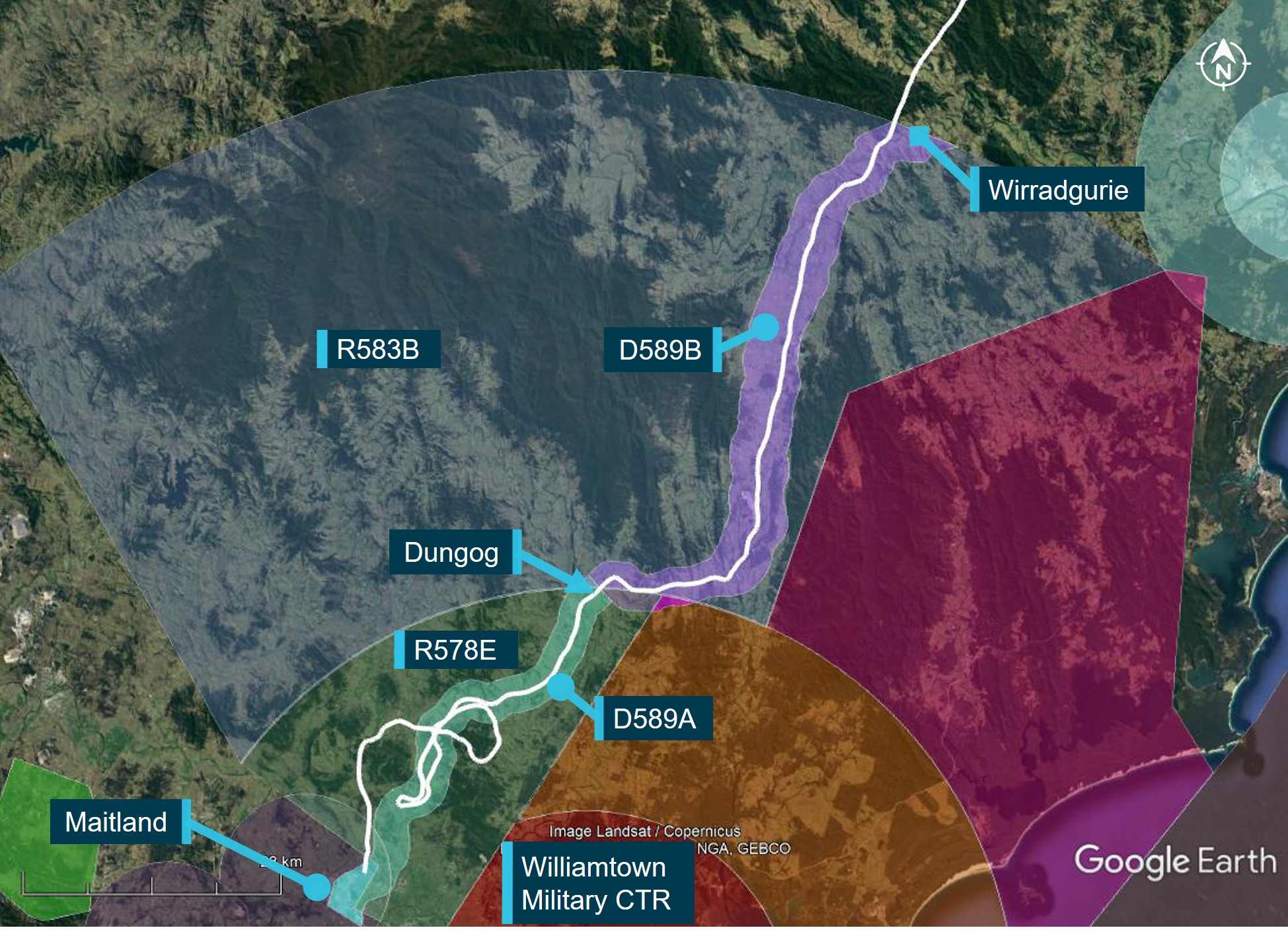 Figure&nbsp;2: VH-PHP flight track (in white) through the Williamtown inland VFR route D589