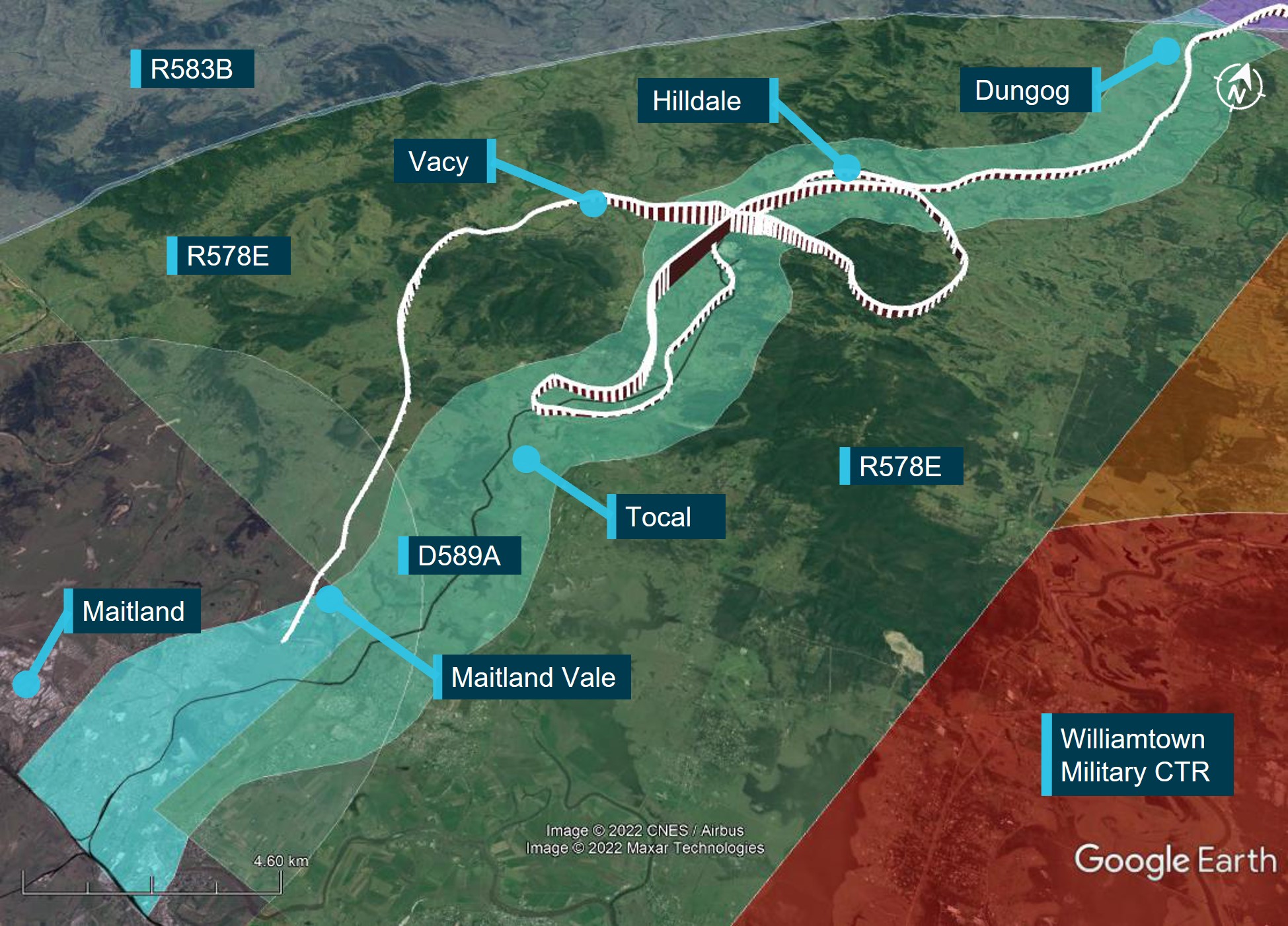 Figure&nbsp;3: VH-PHP flight track (in white) through the Williamtown VFR route D589A