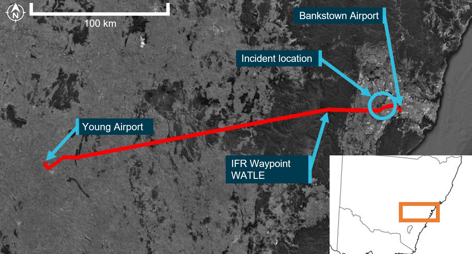 Figure&nbsp;1: Flight path of VH-IEQ and incident location