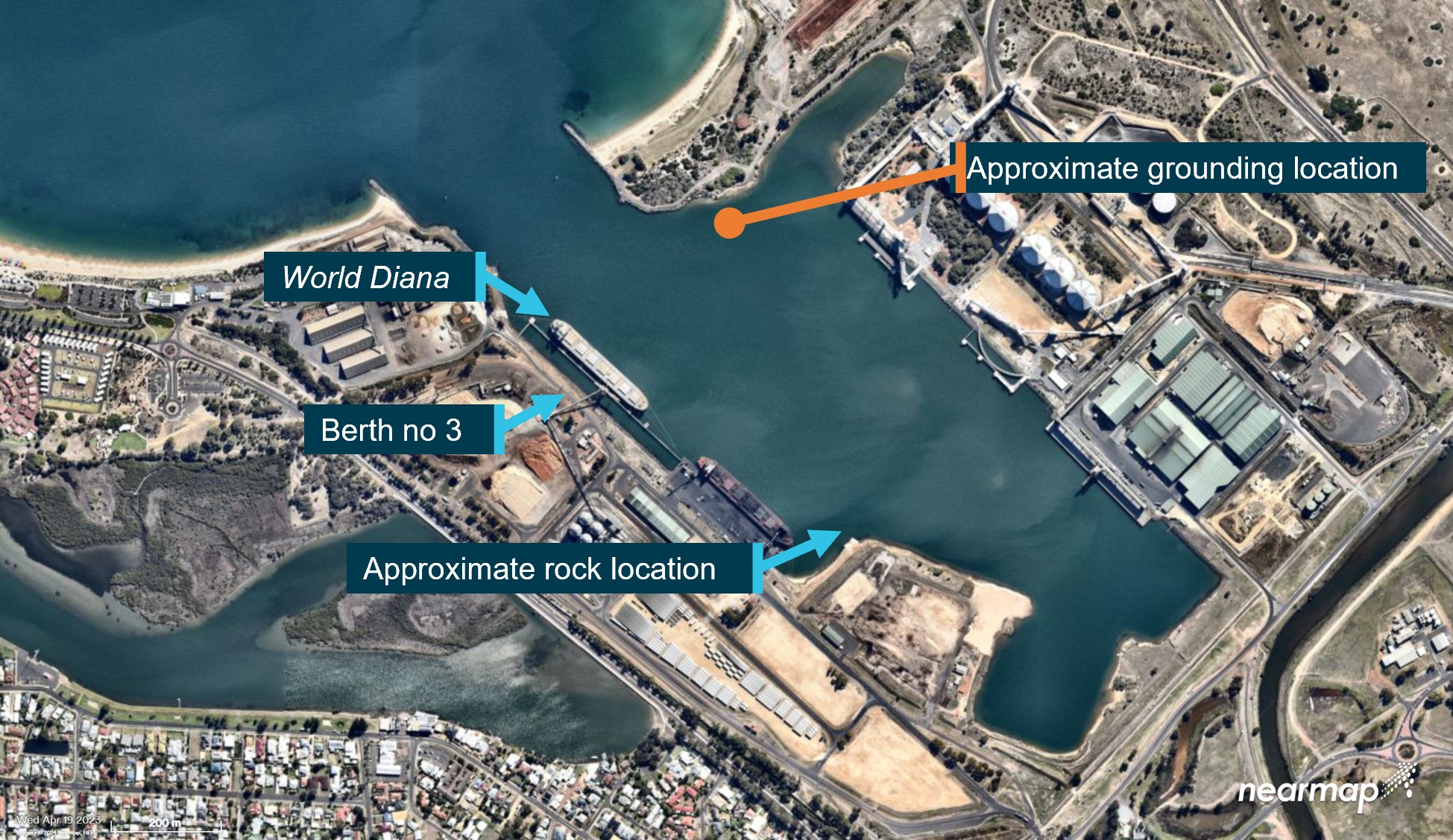 Figure&nbsp;1: Overview of Bunbury inner harbour with World Diana at berth no 3