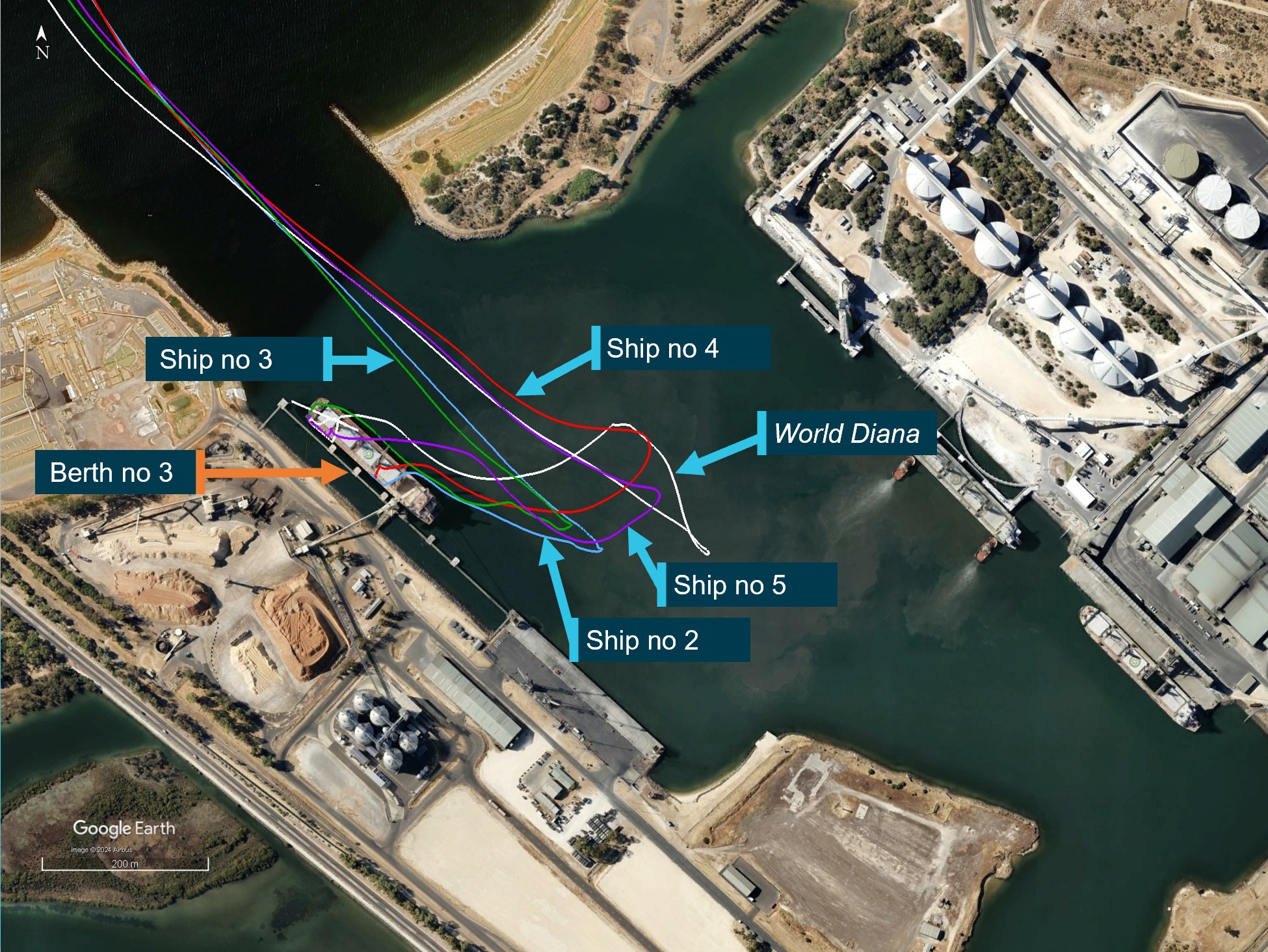 Figure&nbsp;7: Ship departure tracks from berth no 3