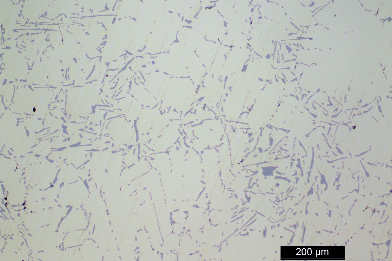 Figure&nbsp;15: Microstructural cross section of unmodified A356, showing silicon eutectic (grey) in an aluminium matrix (white) 