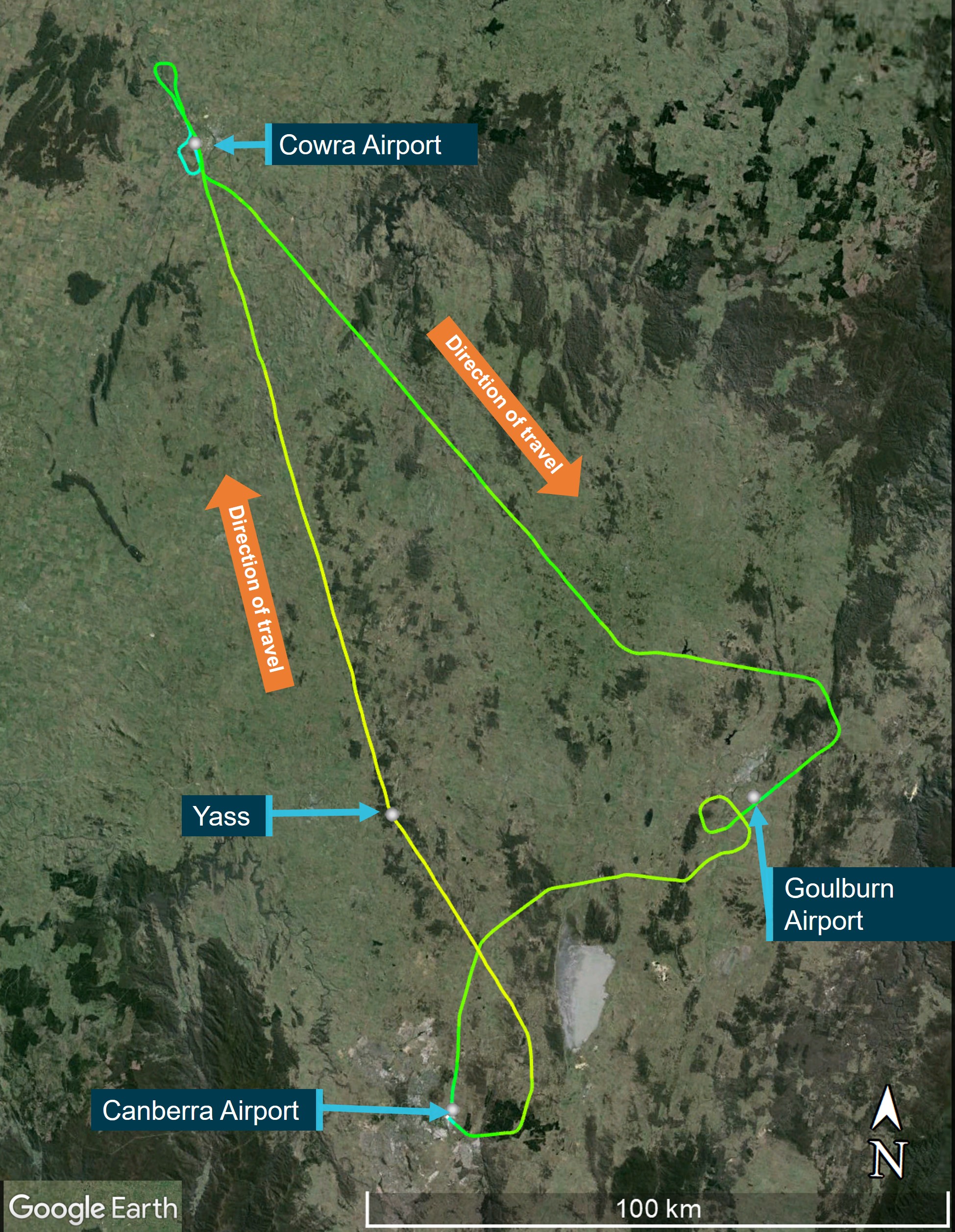 Figure 1: VH-OMD track from Cowra to Goulburn, Canberra and return via AVBEG