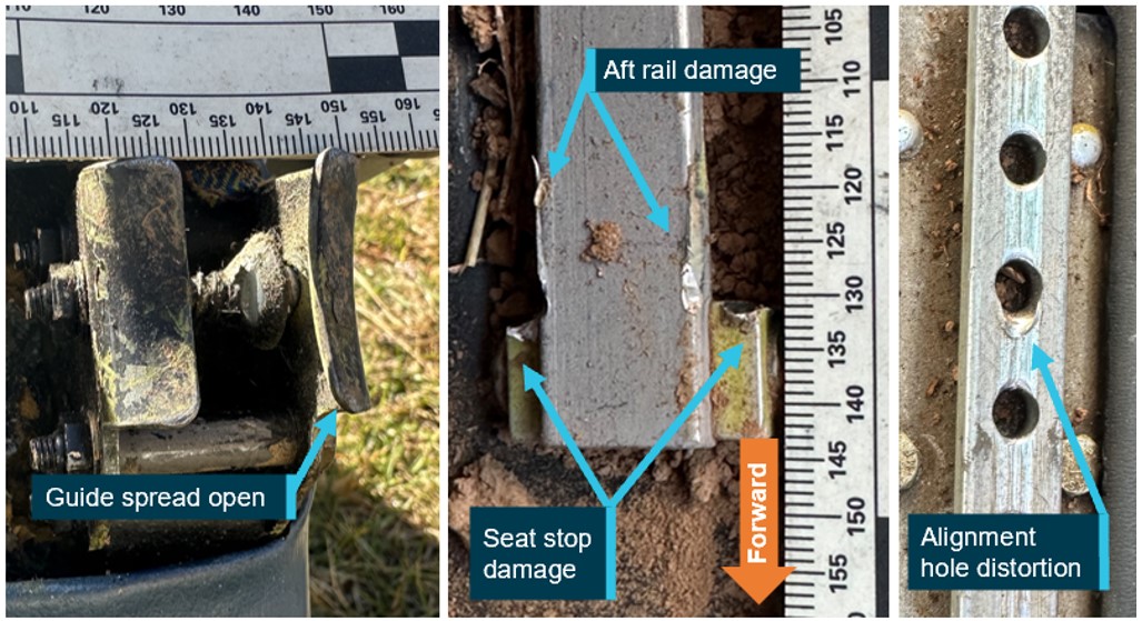 Figure&nbsp;8: Spreading of one seat guide (left) and associated damage to the rails (right)
