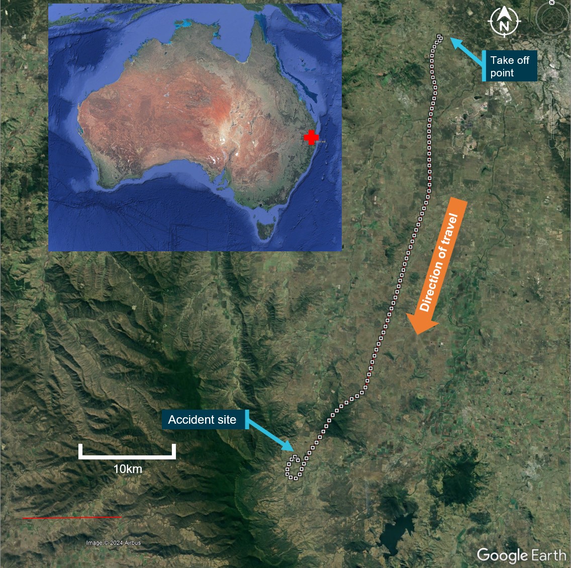 Figure&nbsp;1: VH-EQW flight track from the take-off point to the accident site