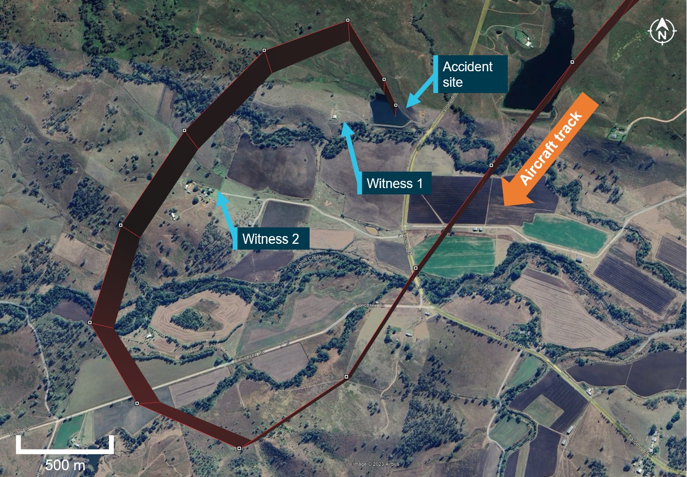 Figure&nbsp;2: VH-EQW flight track with accident site and witness locations