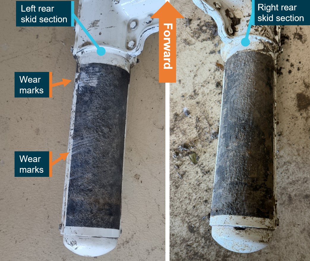Figure&nbsp;7: Rear of left and right skid sections with the left skid showing wear marks