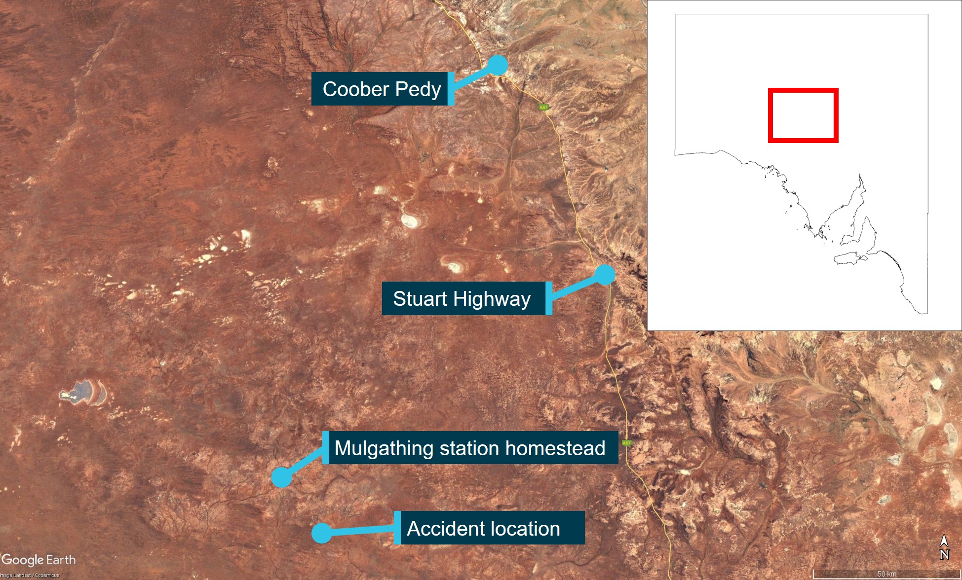 Figure&nbsp;1: Accident location with reference to Coober Pedy and the Stuart Highway