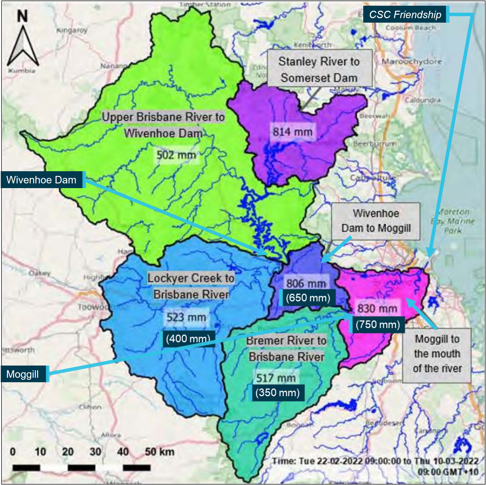 Figure&nbsp;8: Average rainfall depths for the Brisbane River sub-catchments from 22&nbsp;February to 10&nbsp;March 2022