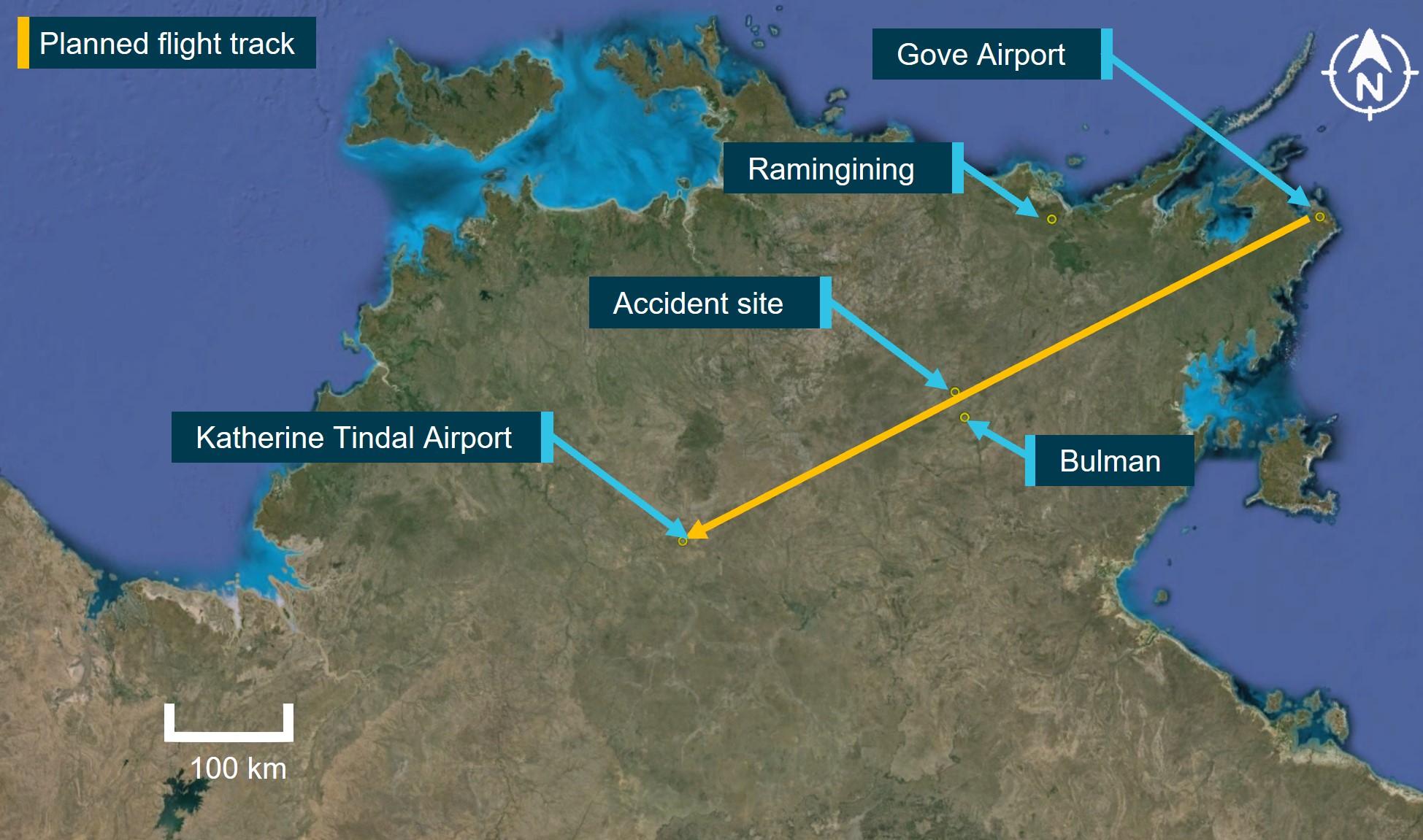 Figure&nbsp;1: Satellite view showing the planned direct track, the location of the accident site and its proximity to Bulman 