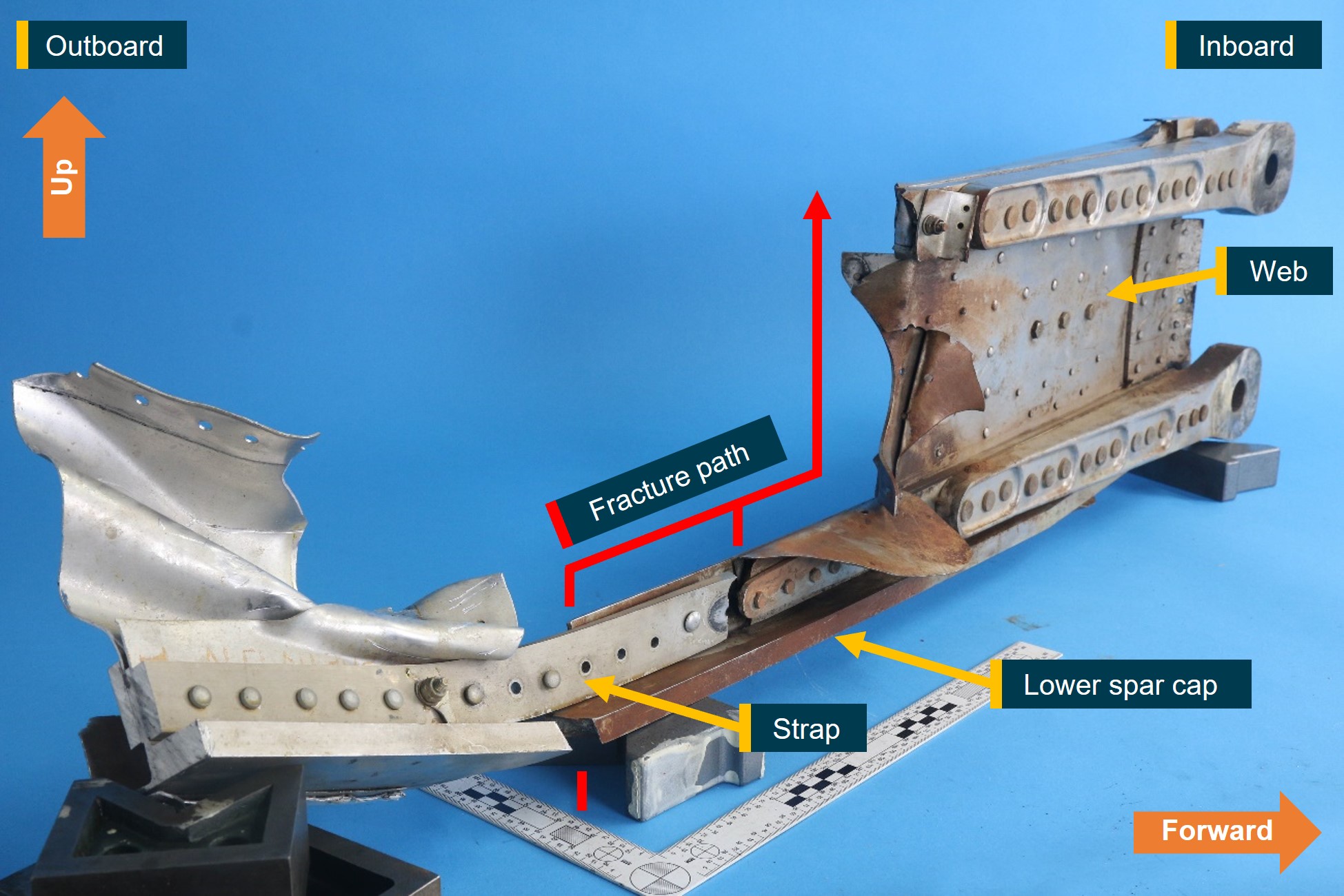 Figure&nbsp;13: Fractured right wing main spar as received at the ATSB’s technical facilities