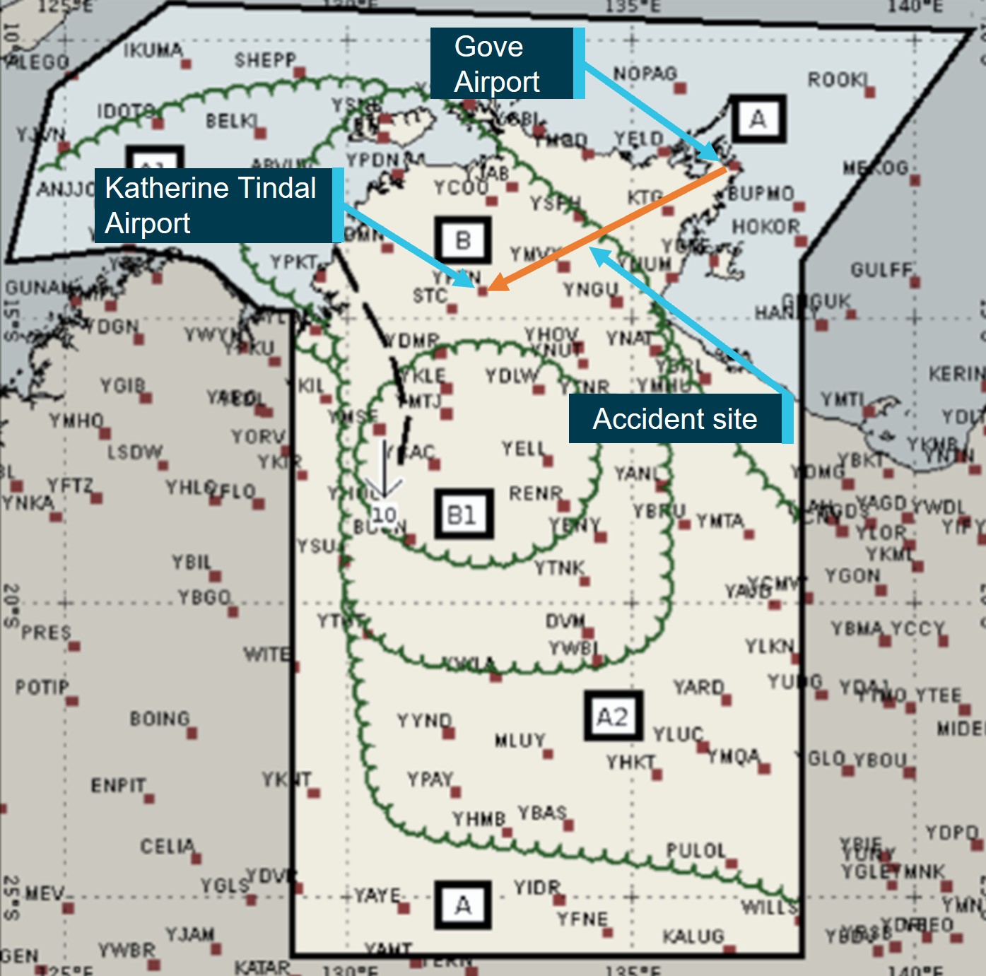 Figure&nbsp;2: GAF for the Northern Territory with the track from Gove to Katherine Tindal Airport highlighted (upper image) and accompanying weather features (lower table)