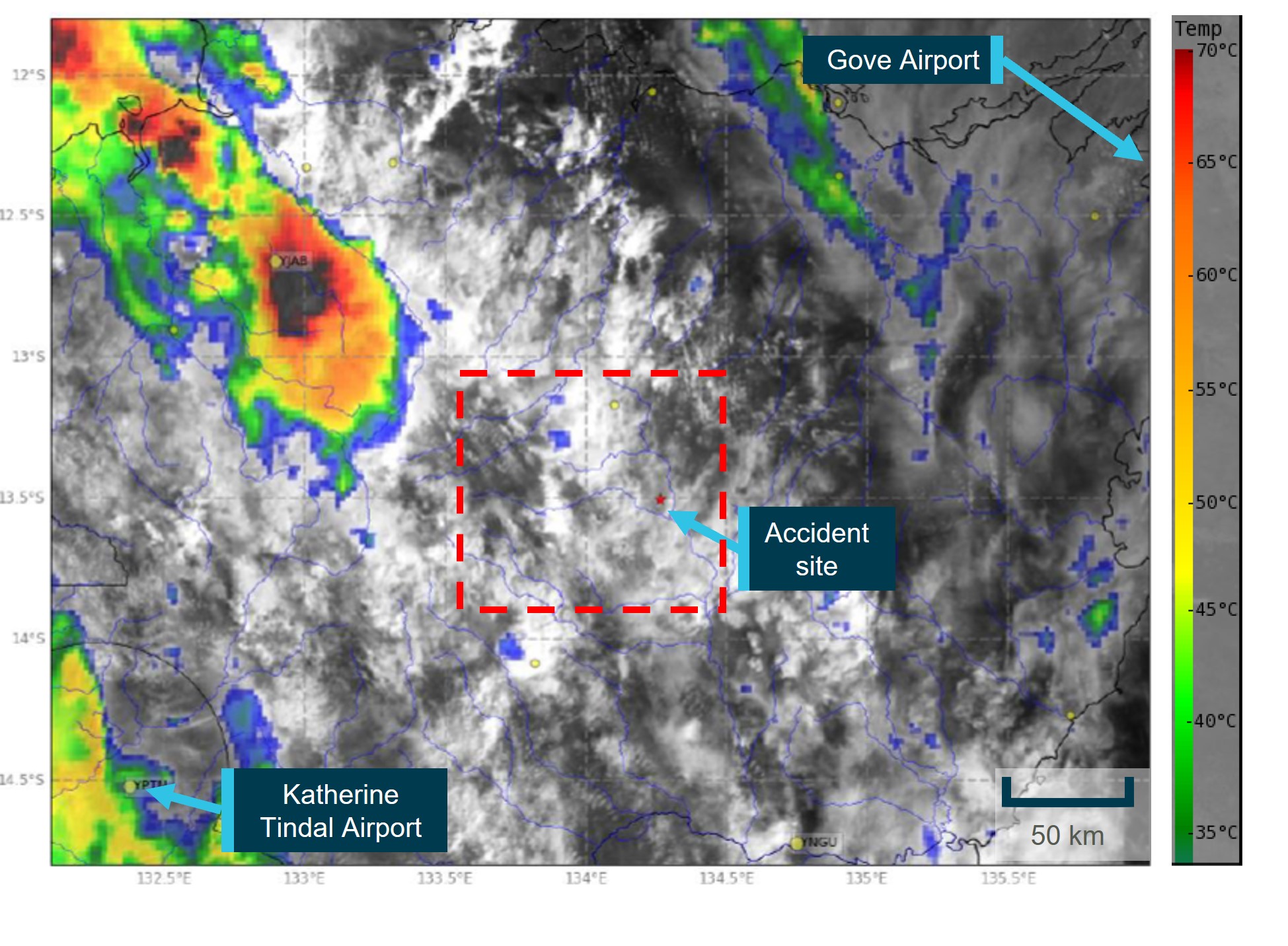 Figure&nbsp;3: Weather satellite imagery showing cloud and convective cloud activity relative to the accident site at 0900 on 24 December 2022 
