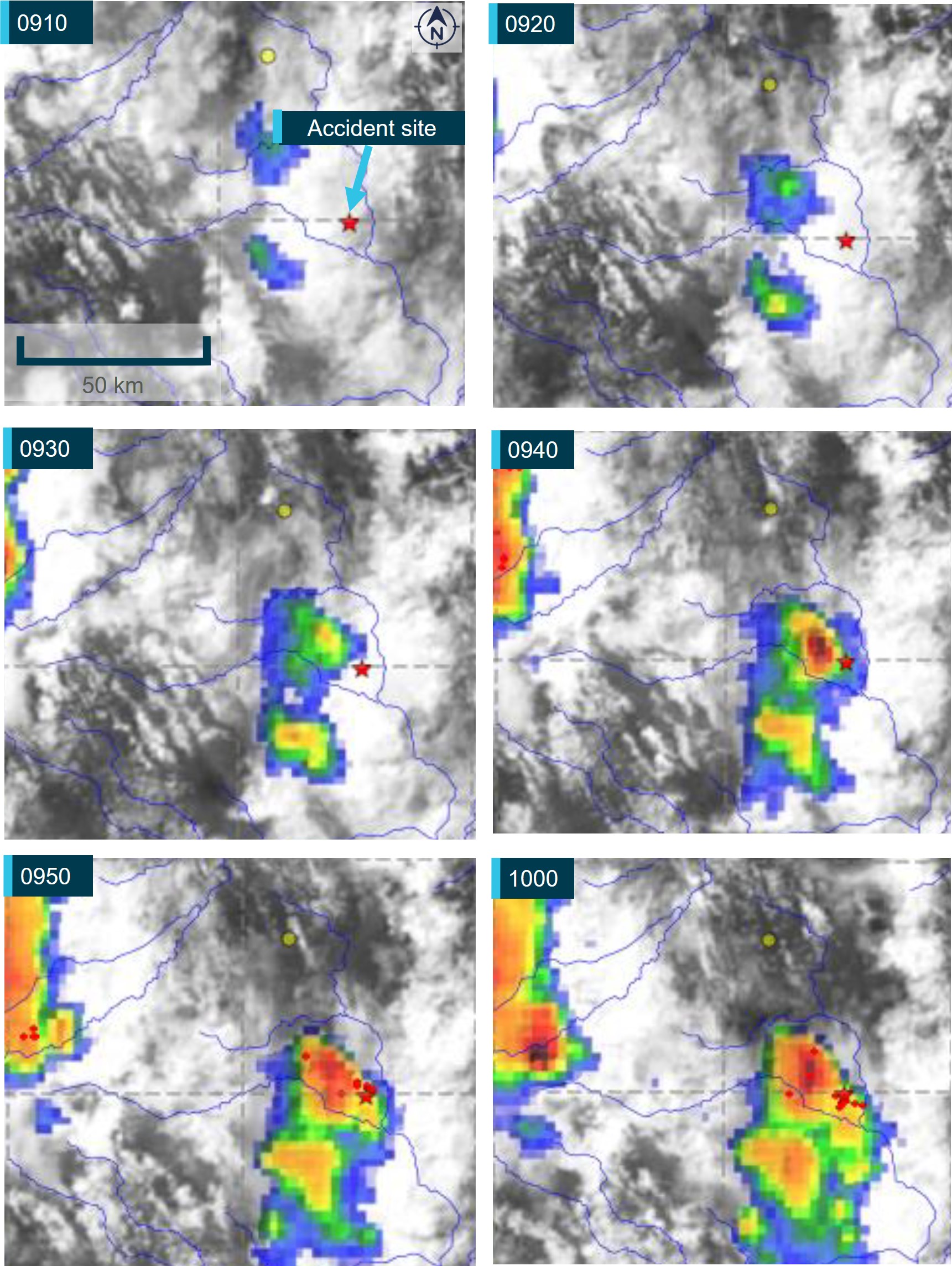 Figure&nbsp;4: Montage of satellite imagery showing the rapid build-up of convective activity near the accident site from 0910 to 1000 on 24 December 2022 