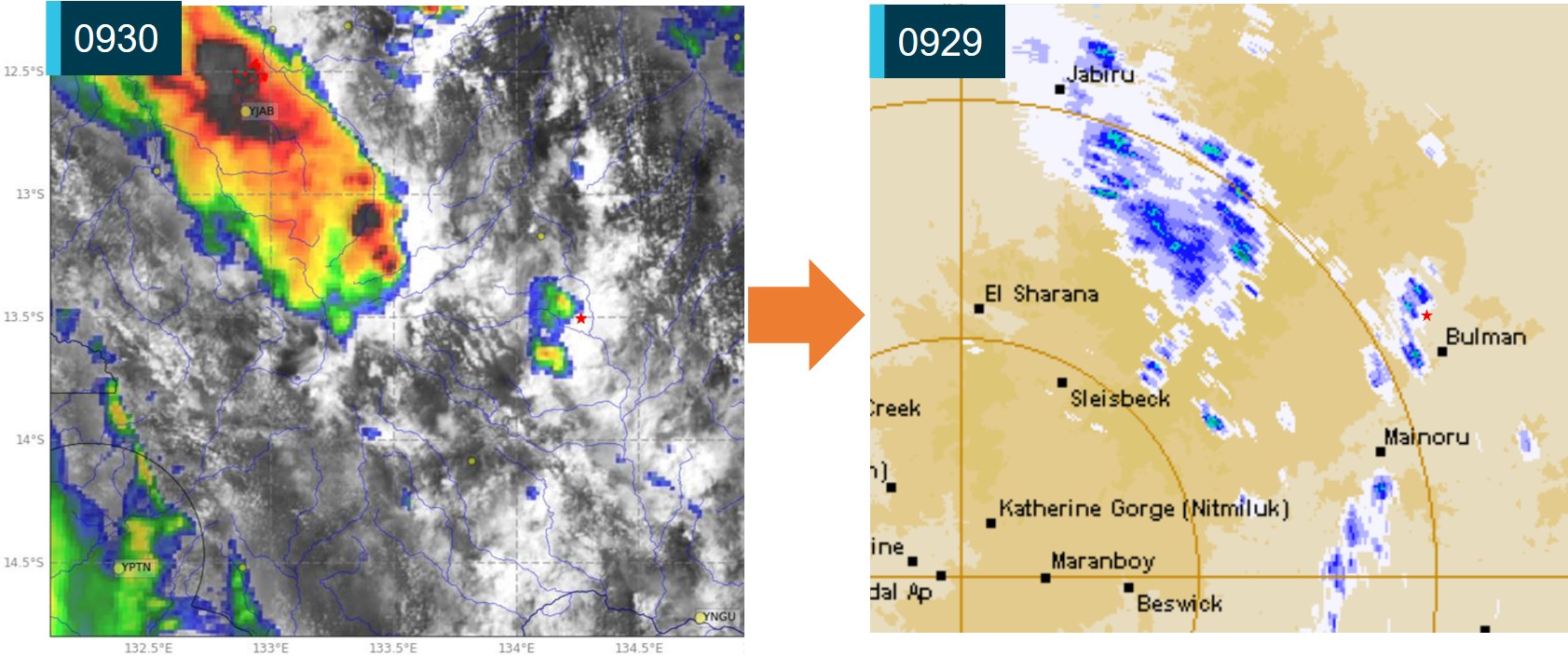 Figure&nbsp;6: Broad area comparison of satellite/convective activity (left) and rain radar data (right) near to the accident site at 0930 on 24 December 2022