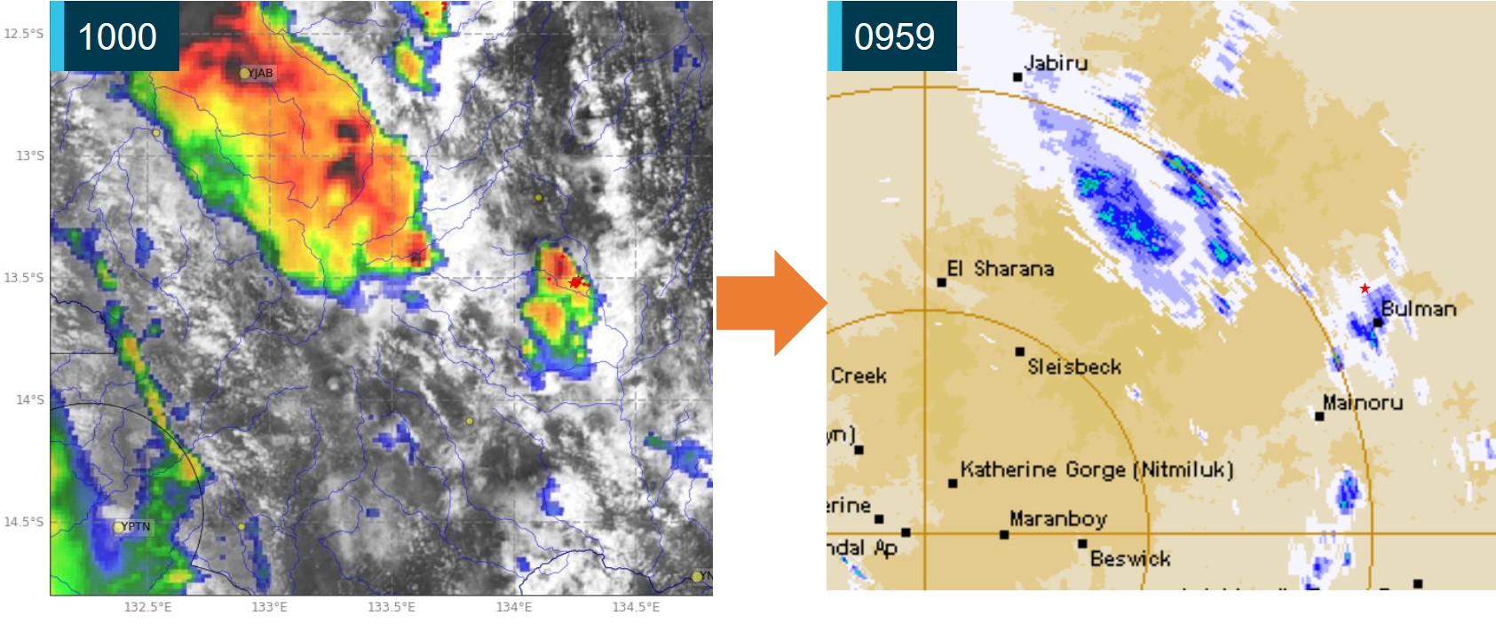 Figure&nbsp;7: Broad area comparison of satellite/convective activity (left) and rain radar data (right) near to the accident site at 1000 on 24 December 2022