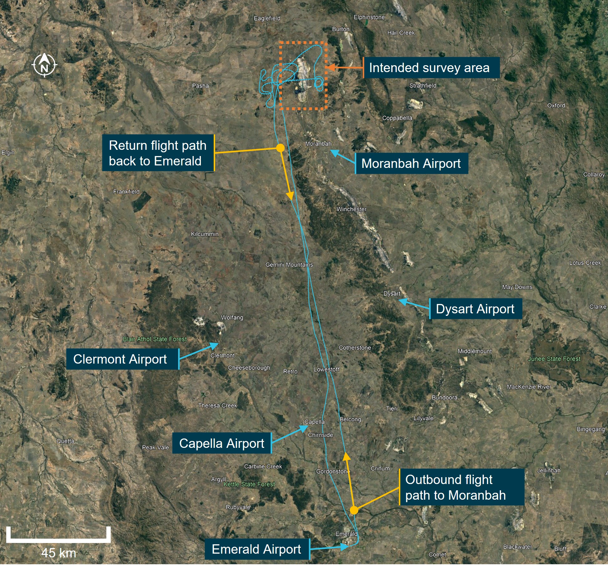 Figure&nbsp;1:&nbsp;Survey area location and recorded flight path between Emerald and Moranbah