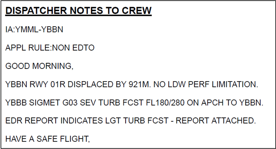 Figure&nbsp;1: Dispatcher notes for VA319 (Melbourne to Brisbane)