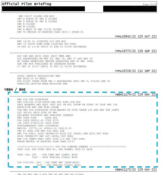 Figure&nbsp;4: Page 5 of the NOTAM package, highlighting NOTAM YBBNC1174/22 and its associated FOE performance requirement
