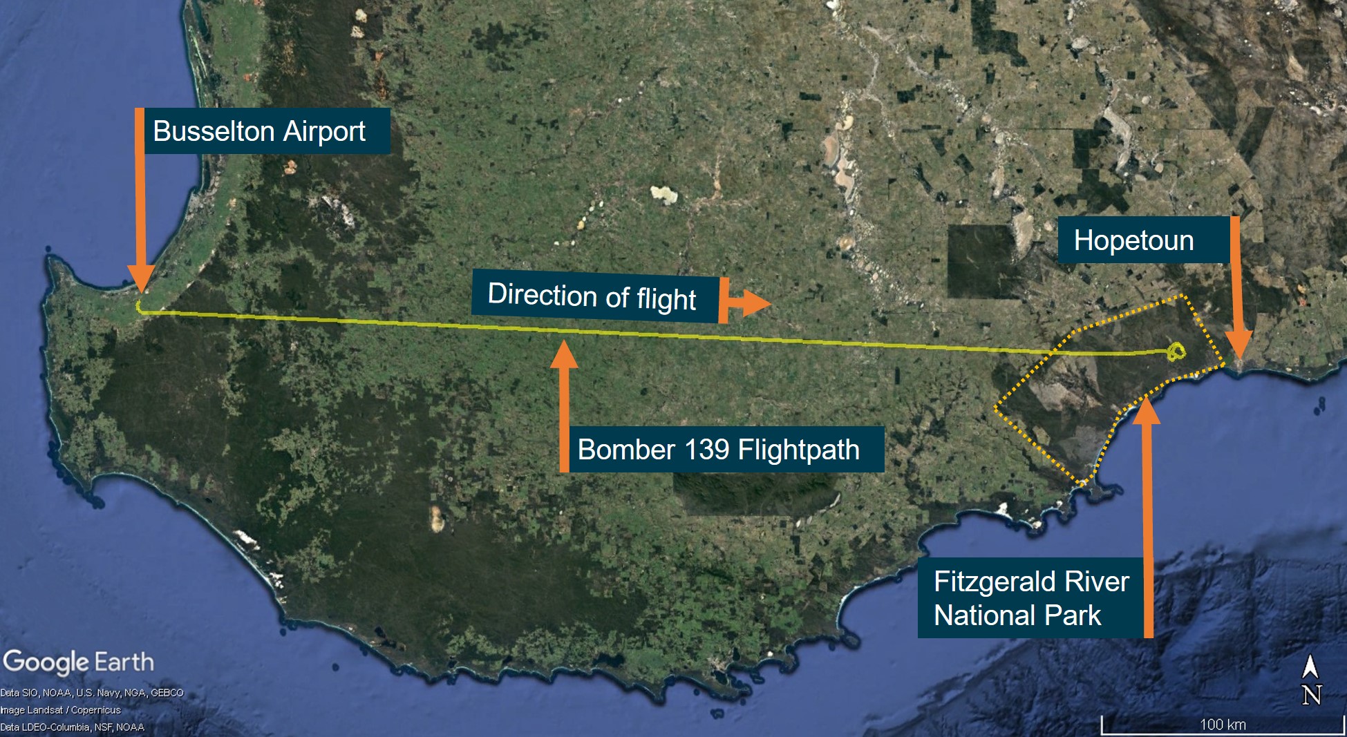 Figure&nbsp;1: Bomber 139 flightpath from Busselton to Fitzgerald River National Park