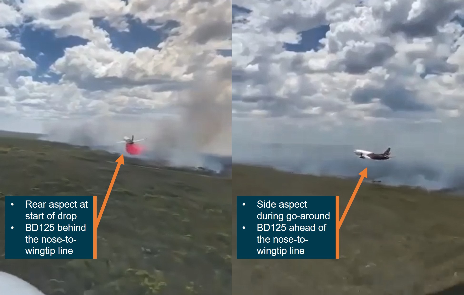 Figure&nbsp;15: Aspect change of Bomber 139 from start of first drop (left) to go-around (right)