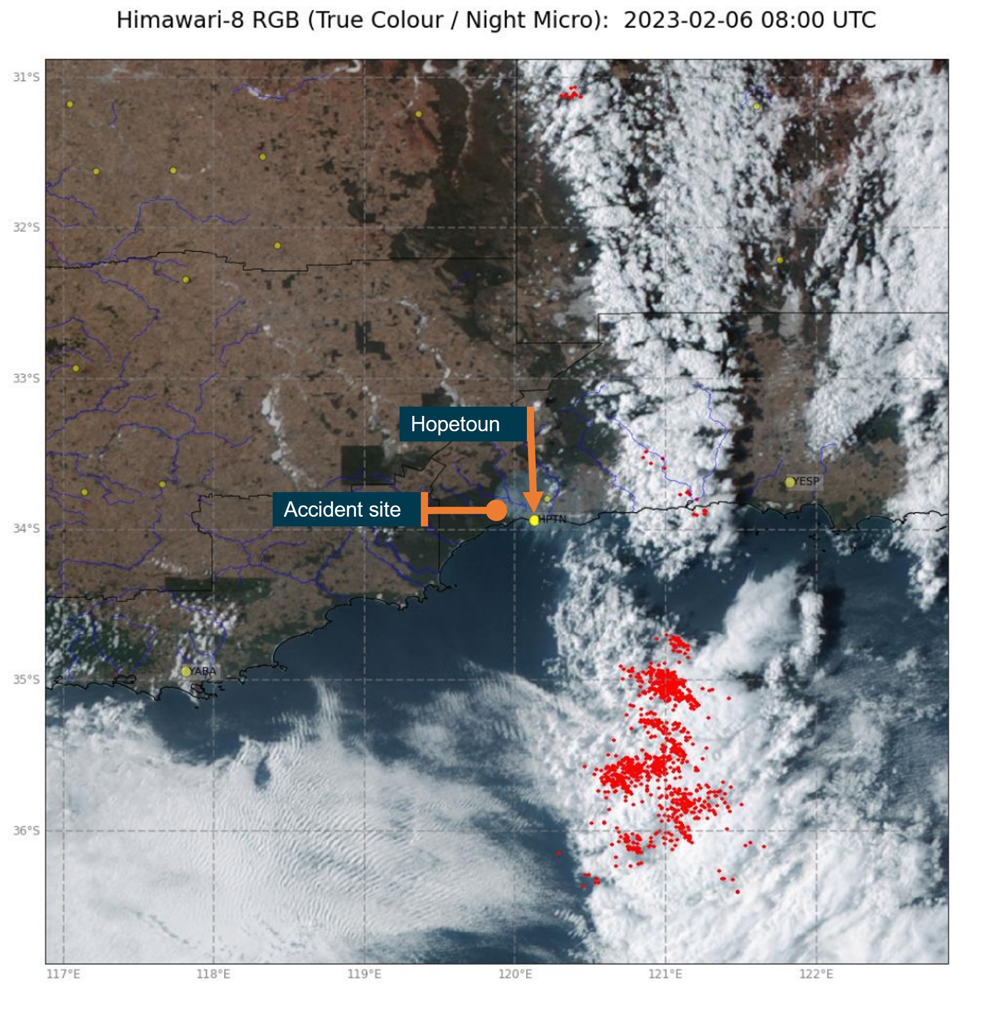 Figure&nbsp;18: Lightning strikes (red) at 1600