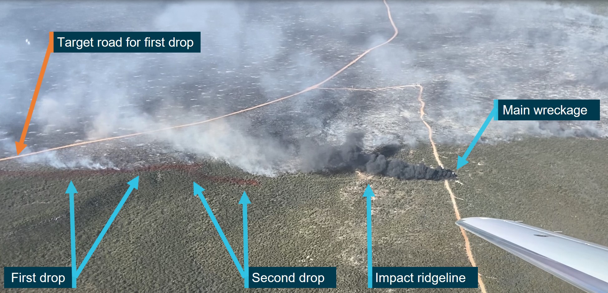 Figure&nbsp;2: Bomber 139 retardant drops and accident site