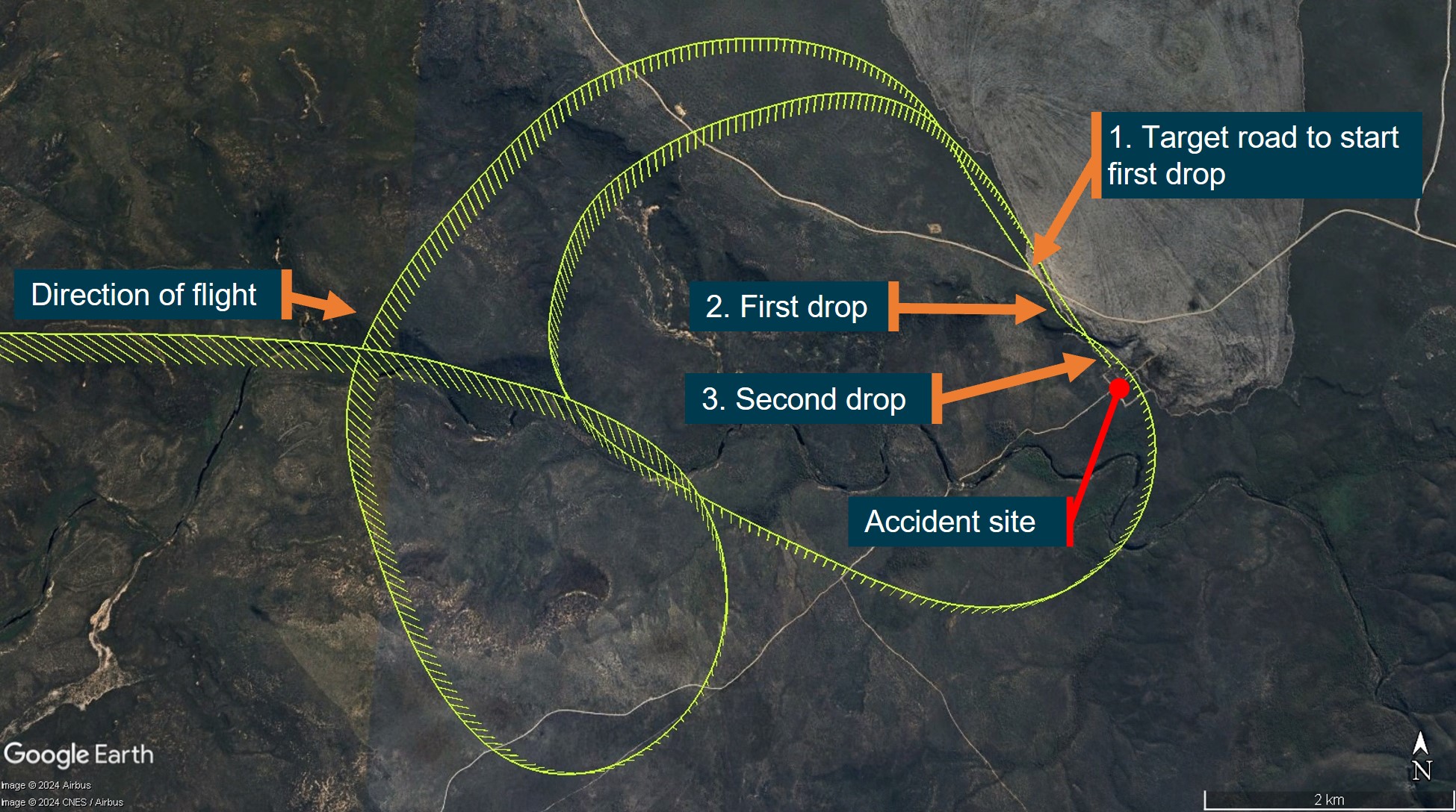 Figure&nbsp;3: Bomber 139 recorded accident flightpath at Fitzgerald River National Park