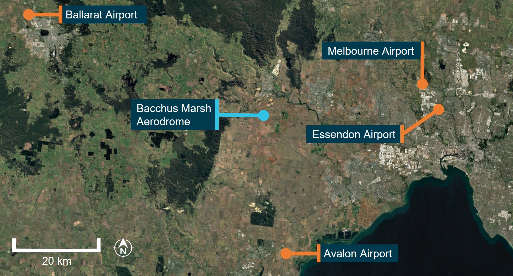 Figure&nbsp;4: Location of Bacchus Marsh airfield relative to nearby aerodrome weather forecast locations